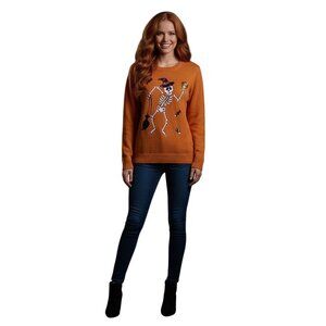 Halloween Sequined Skeleton Orange Crewneck Sweater Size L